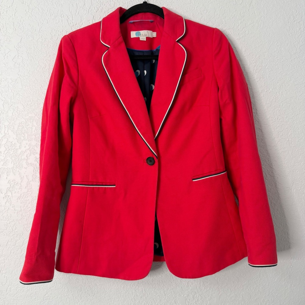 Boden Red Textured Cotton Piping Blazer Single Button Polka Dot Lining Size 6‎